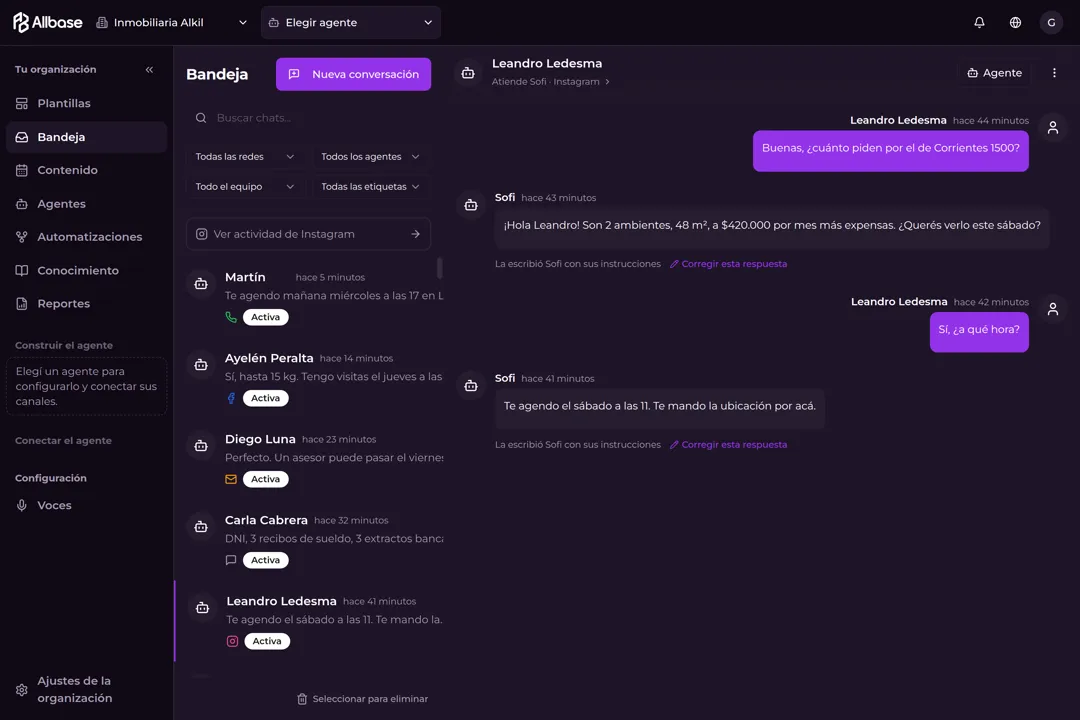 El agente de Allbase contestando al instante con precio y visita