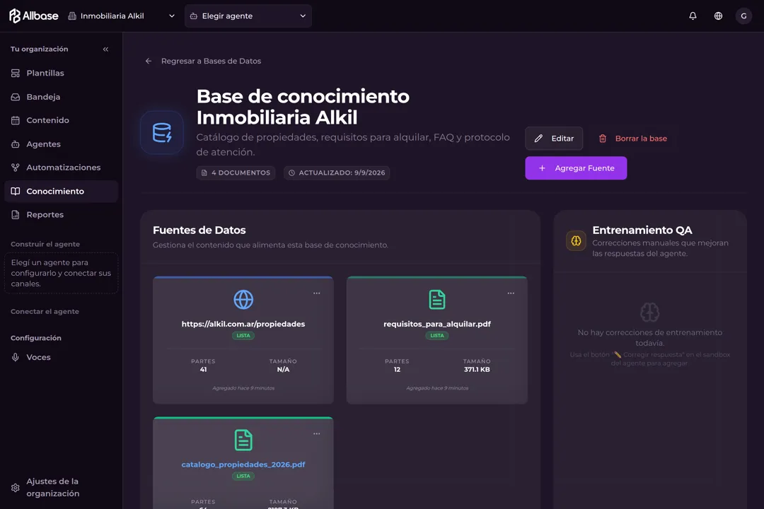 La base de conocimiento de Allbase con el catálogo, los requisitos y la web