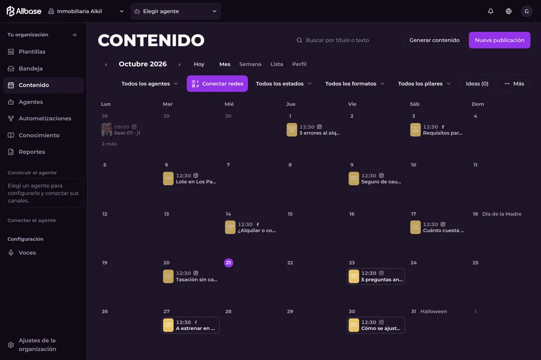 El calendario de Contenido de Allbase con las publicaciones del mes