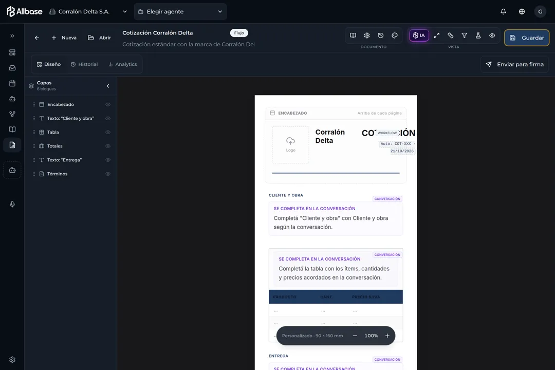 La plantilla de cotización de Allbase que se completa con los datos de la charla